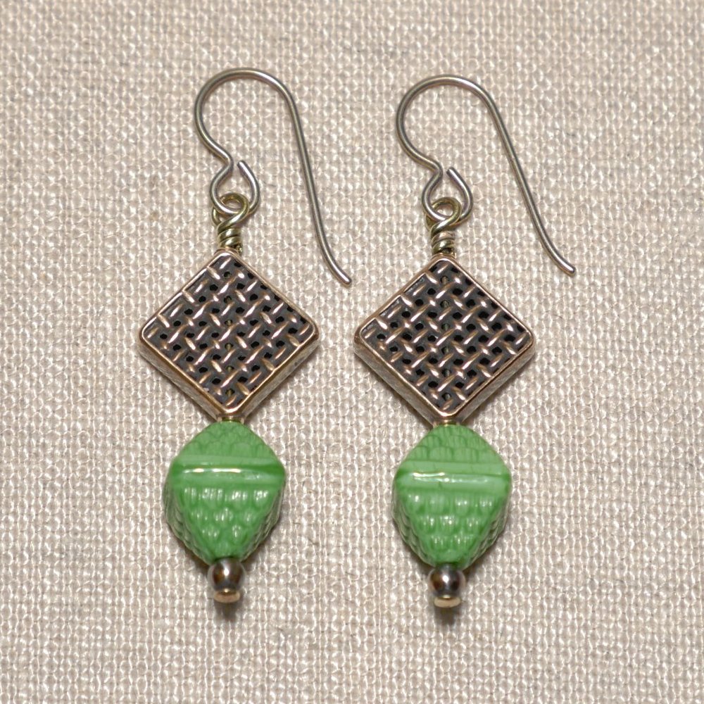 Hand Crafted Handmade Earrings Modern Green Glass & Copper Geometric Ear…